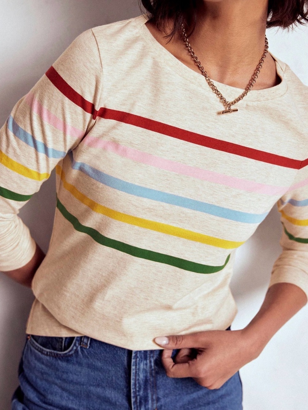 Boden Olivia Long Sleeve Breton Natural w/Multicolor Striped Jersey Cotton US 8